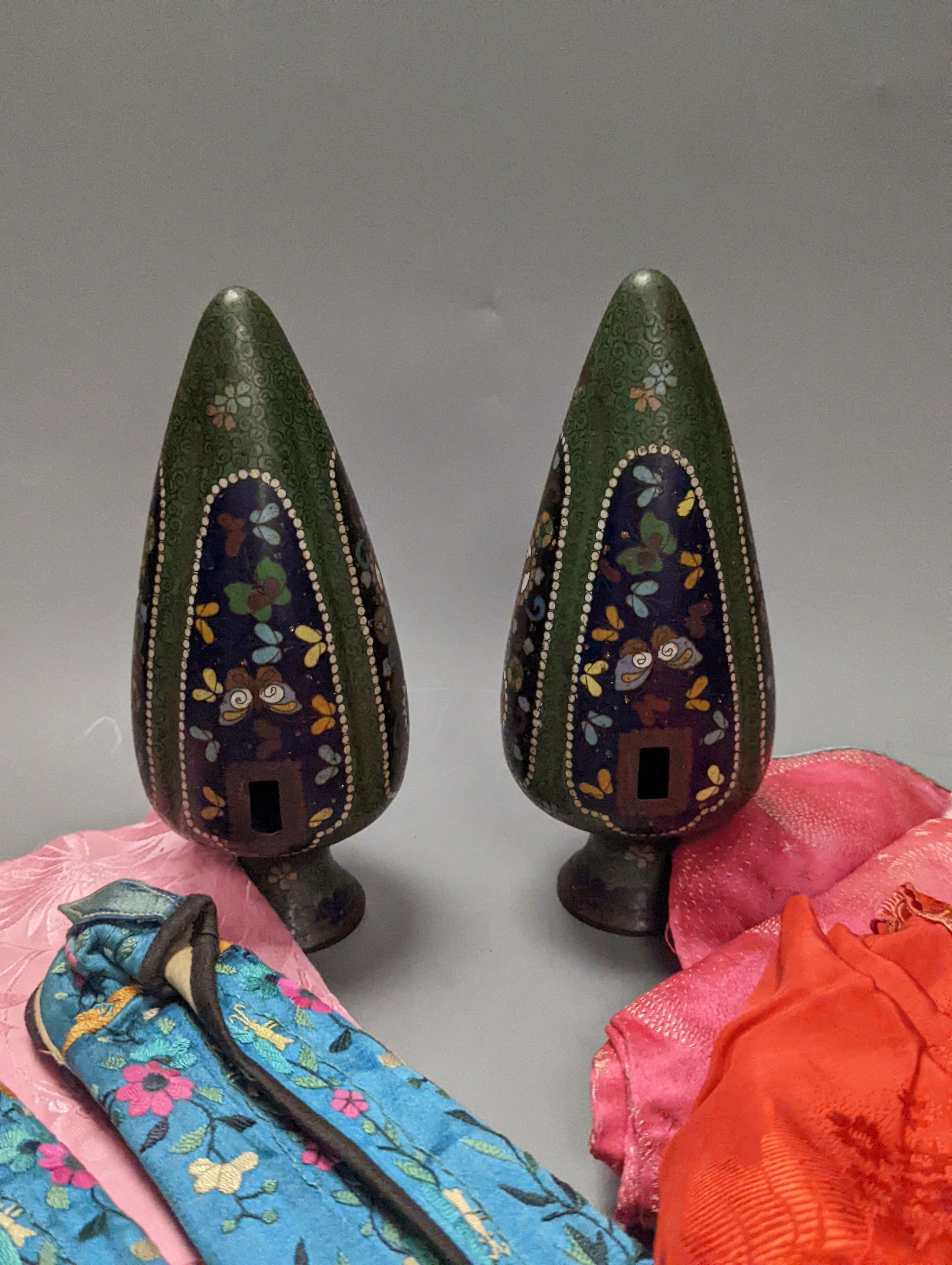 A pair of Japanese cloisonné enamel vases, Japanese slippers and other clothing